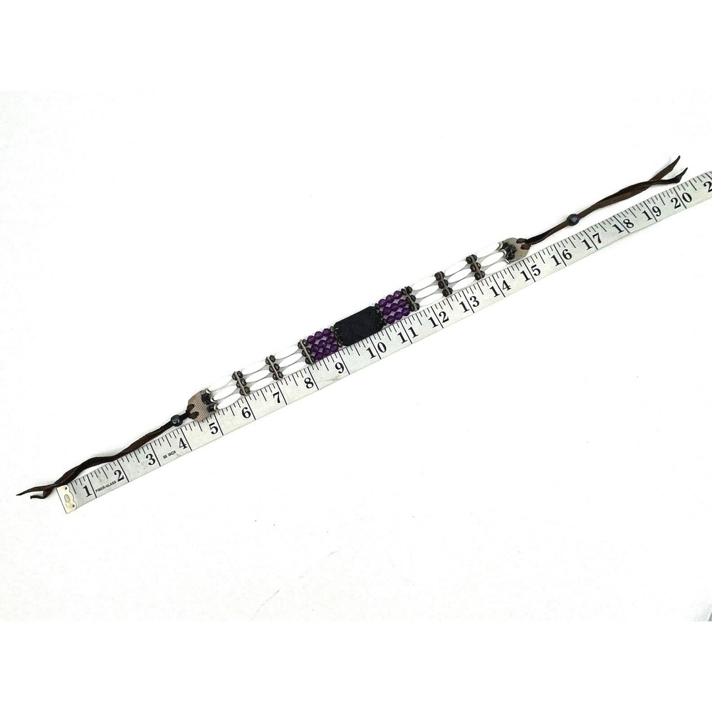 Handmade Beaded & Soft Leather Choker Necklace Purple White Diamond Design - Picture 9 of 12